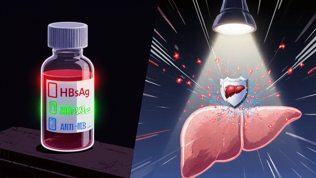 Blood tests glowing with HBV markers and a tiny antiviral shield protecting the liver from viral attack.