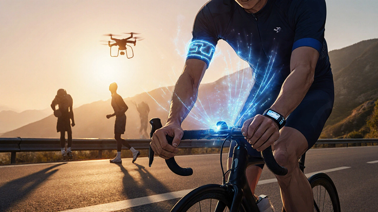 Cyclist with wrist device and blue energy waves, representing timed DOAC levels during competition.