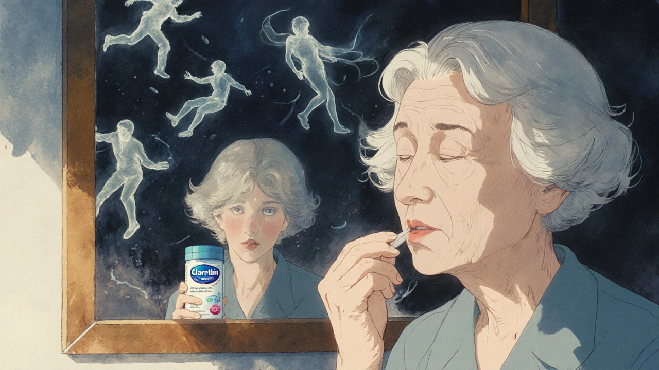 Elderly woman taking a sedating antihistamine, ghostly figures of falls swirling around her.
