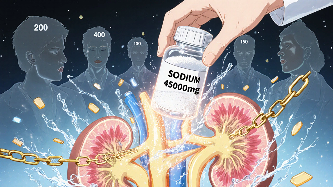Glowing kidney cleansed by water as sodium chains break, pill bottle turns to salt shaker crumbling into dust.