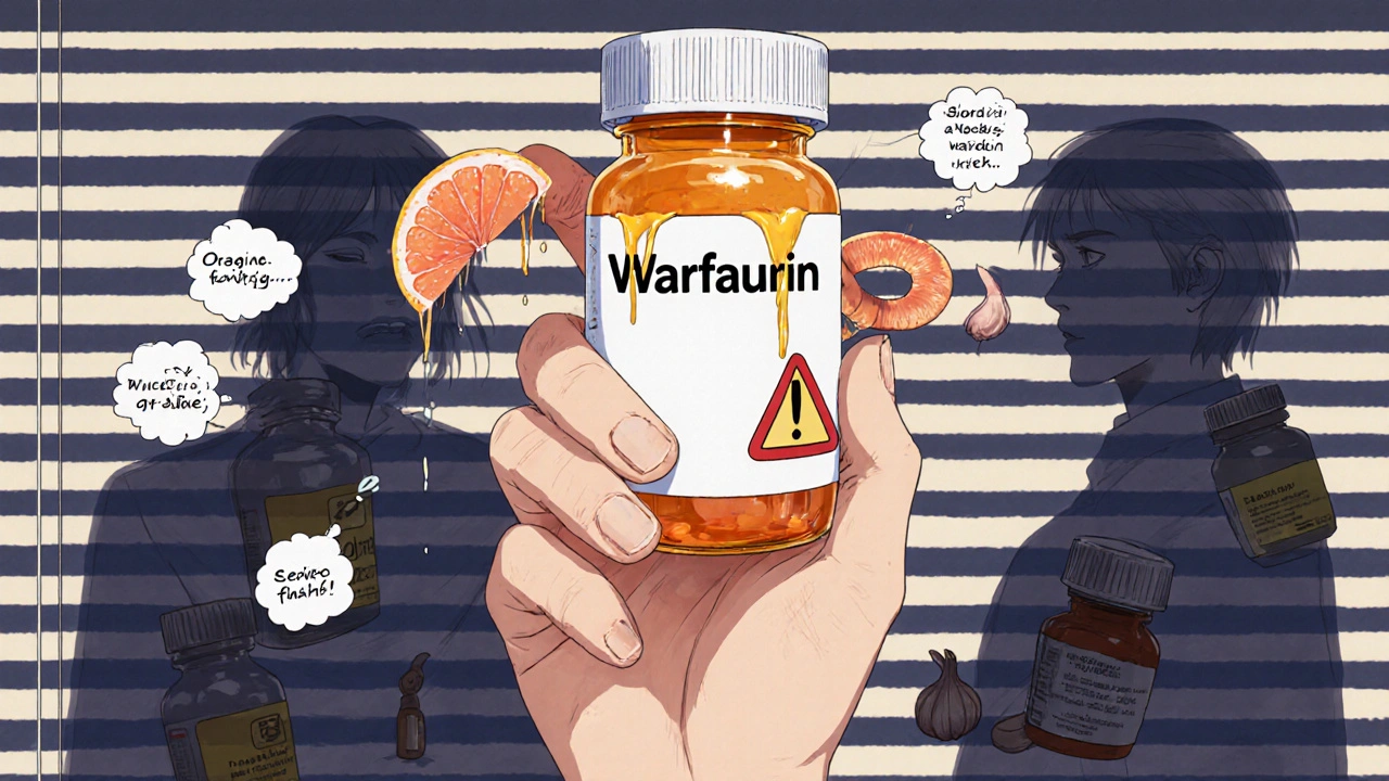 Hand holding warfarin bottle as grapefruit juice turns into serpent, shadowy supplements looming nearby.