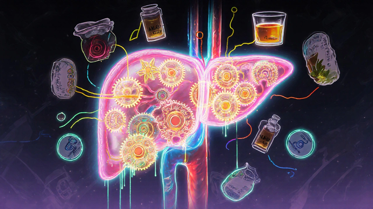 Human liver with mechanical enzymes disrupted by herbal tea streams in surreal anime style.