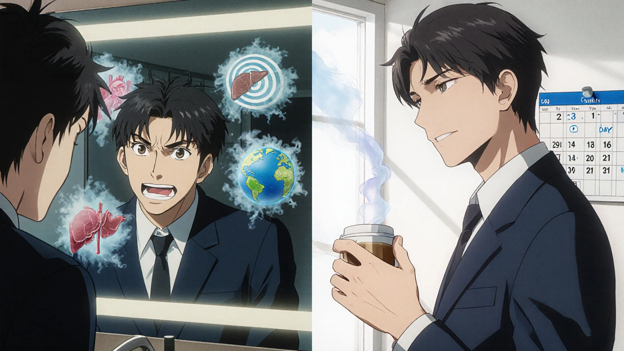 Man before and after two weeks of medication, fear fading into calm sunlight.