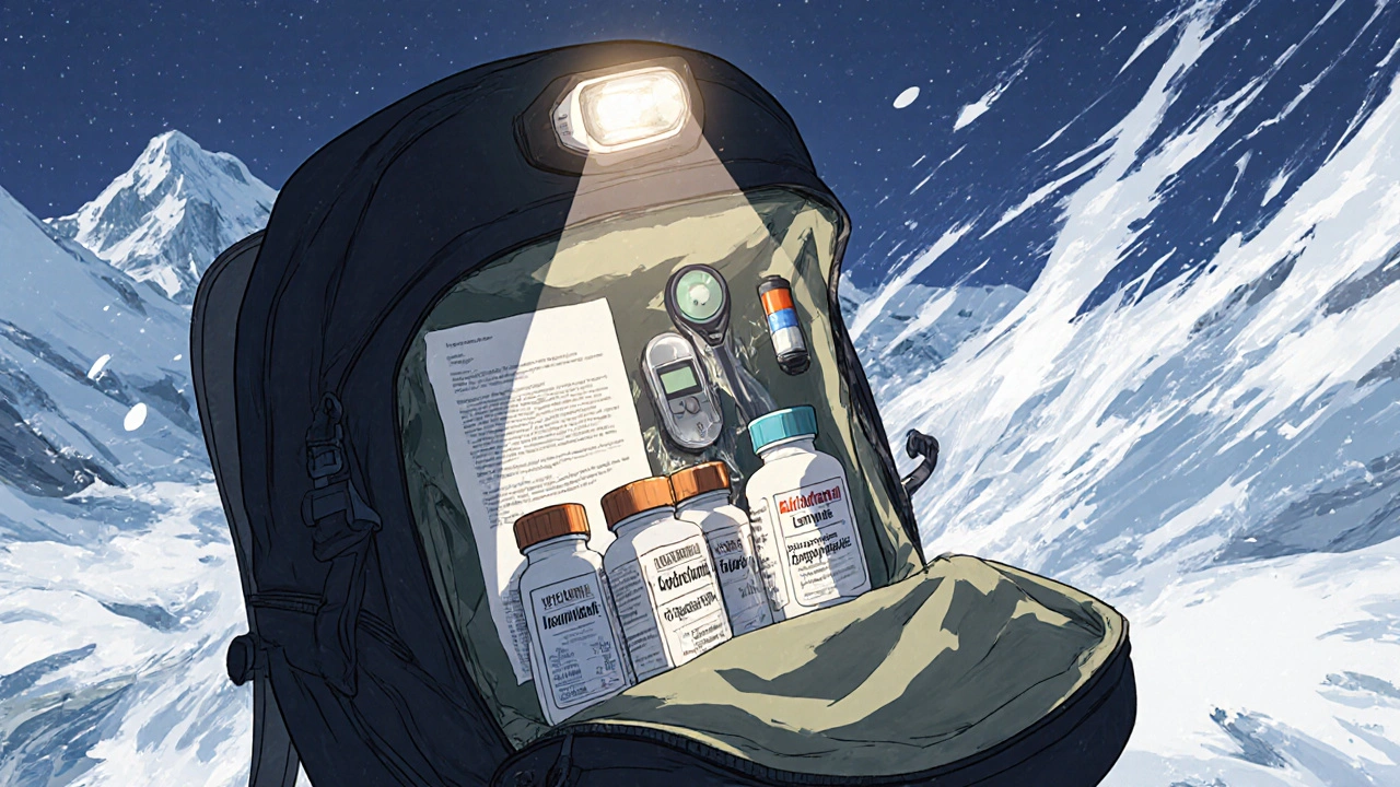 Medications neatly organized in a backpack with labeled bottles and a doctor’s letter, lit by headlamp.
