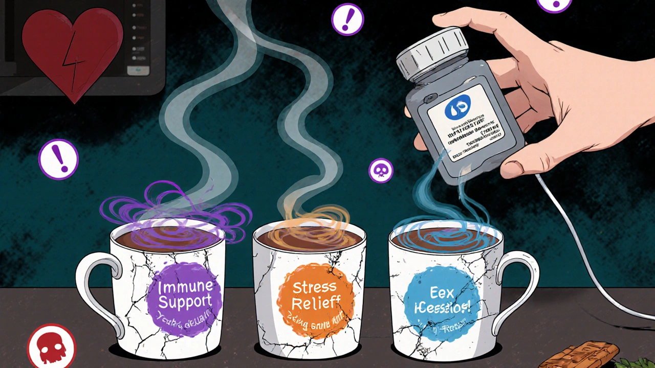 Multiple herbal tea bags emit conflicting colors as a person reaches for statins nearby.