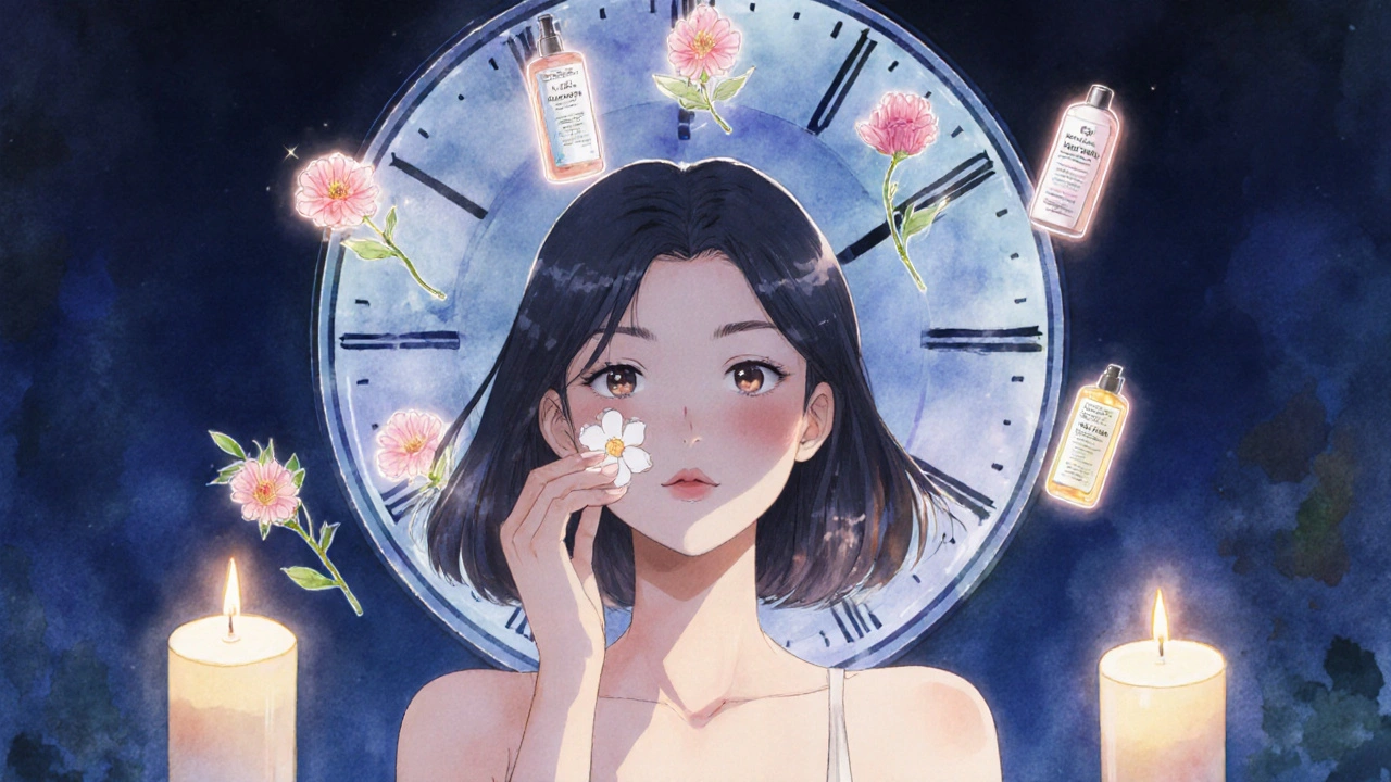 Nighttime skincare ritual with glowing treatments and a clock showing 12 weeks of healing, flowers replacing redness.