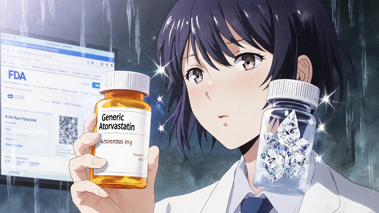 Patient holding bottle with transparent comparison of generic vs authorized generic pills.