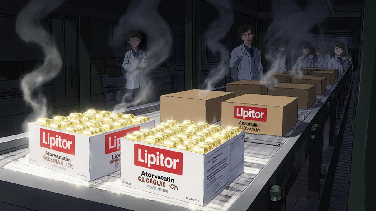 Pharmaceutical production line with branded and unbranded capsules flowing together.