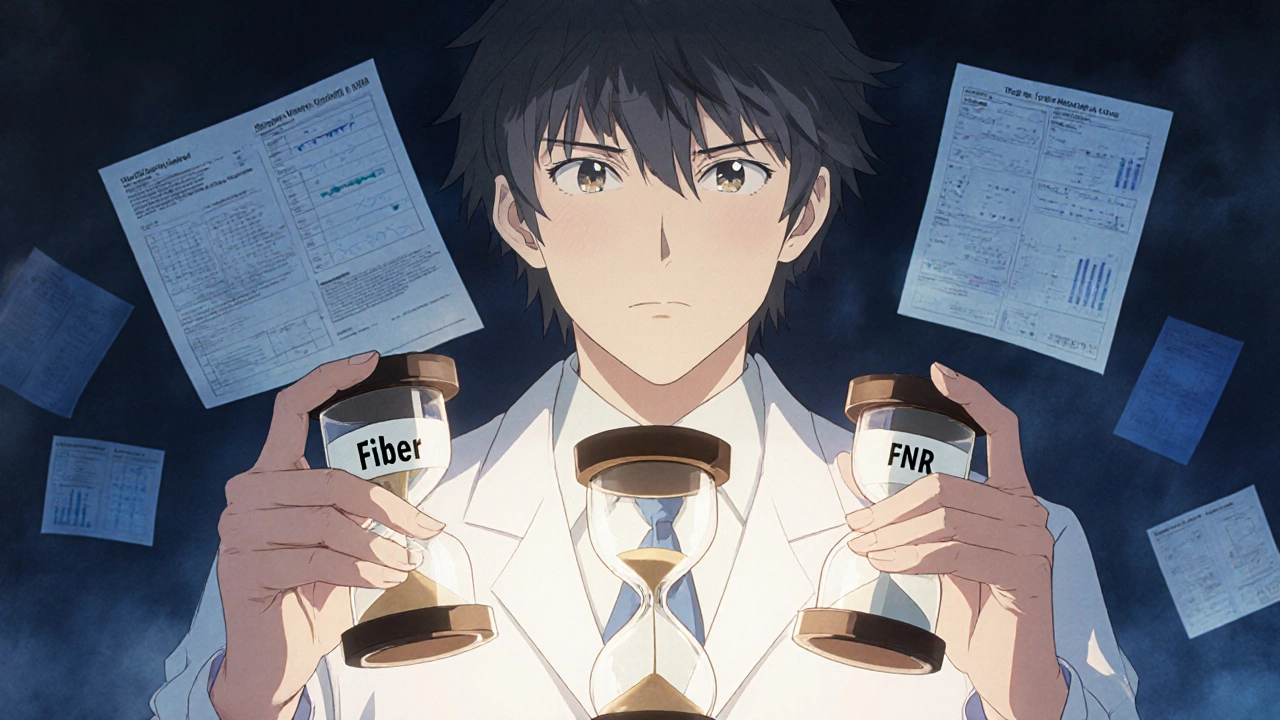 Pharmacist holding fiber and medication bottles with an hourglass between them, representing timing importance.