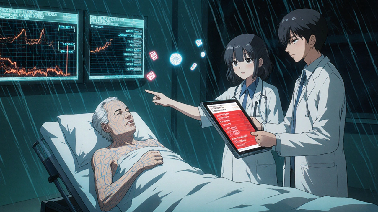 Senior patient in ER with pharmacist showing drug interaction alert on tablet, medical data glowing in background.