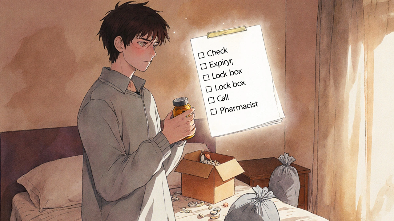 Someone examining a medication bottle in a new home, with a glowing safety checklist nearby.