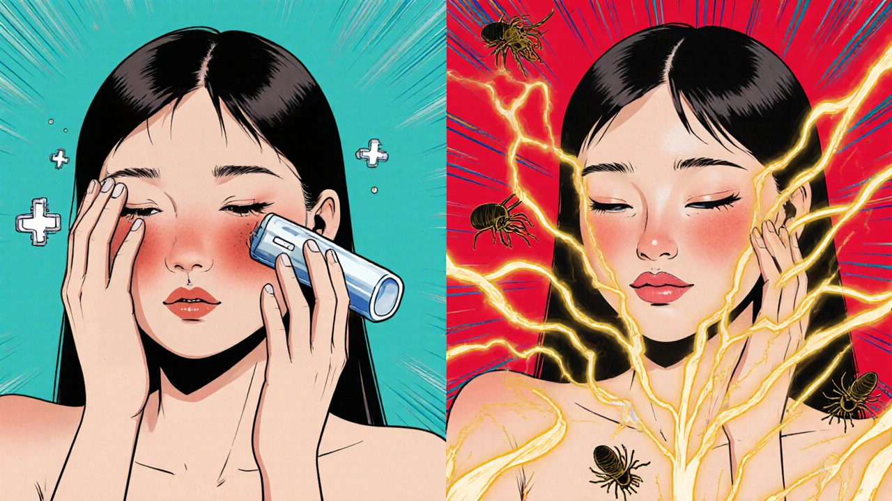 Split scene: left shows fading redness with metronidazole, right shows Soolantra eliminating mites with golden energy.