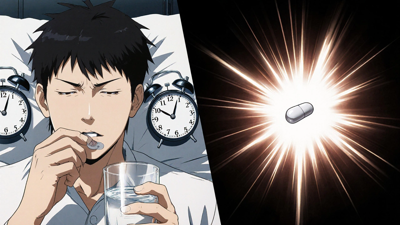 Split scene: one side shows someone taking five pills daily, the other a single pill with glowing light.