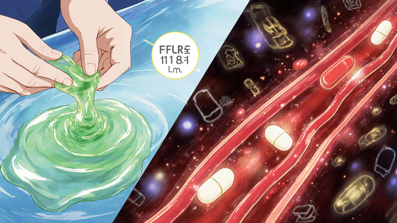 Split scene showing fiber gel moving safely through the gut while medications are properly absorbed.