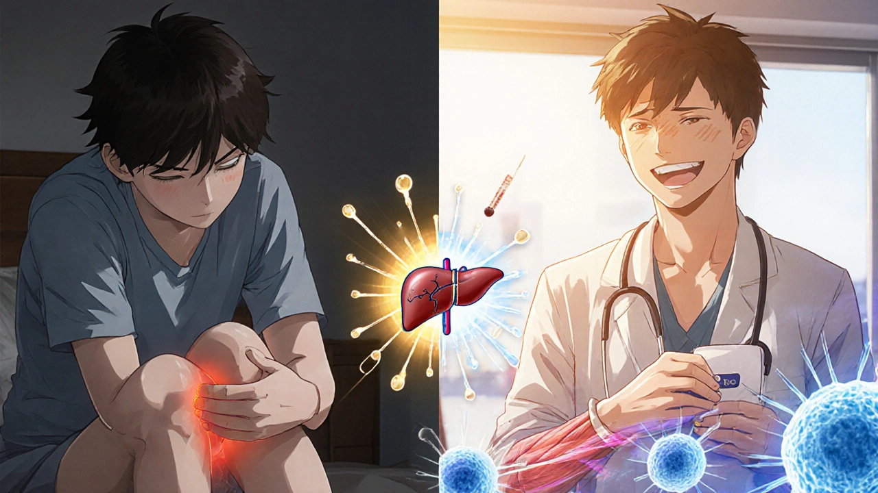 Split scene showing patient&#039;s transition from muscle pain to successful statin rechallenge.