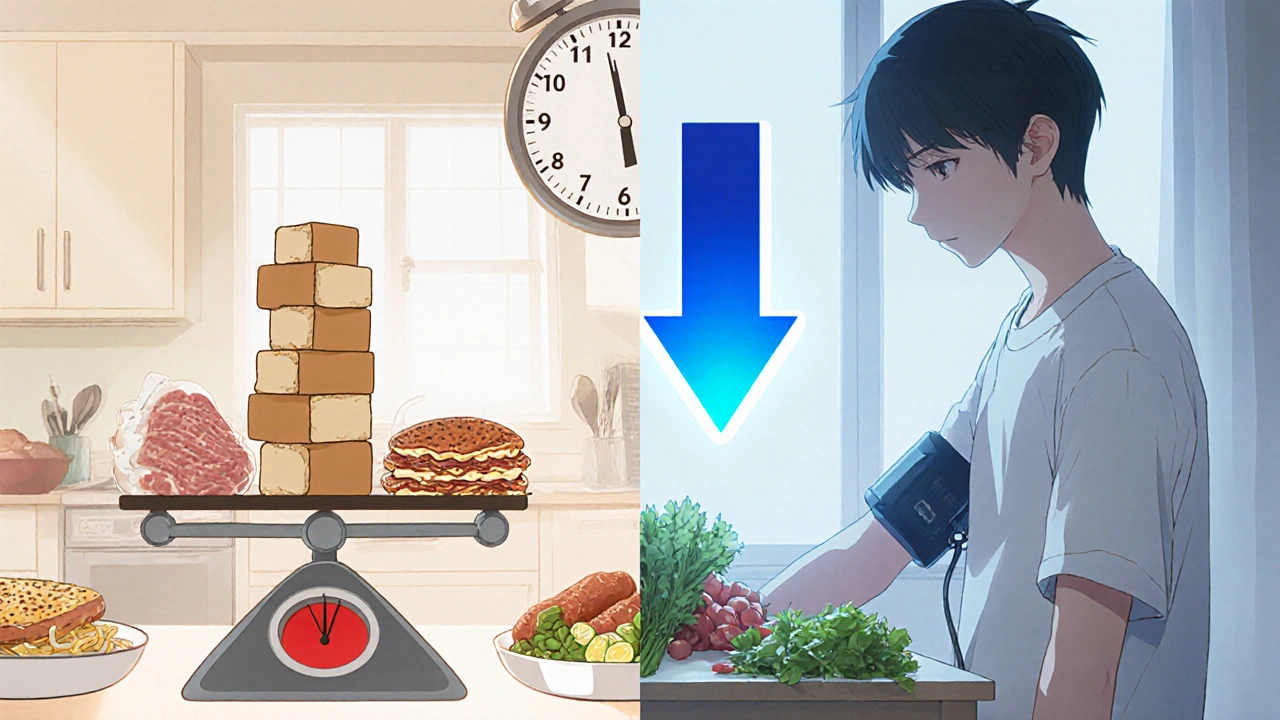 Split-screen kitchen scene: left shows high-sodium foods stacking on a scale, right shows healthy meal with falling blood pressure graph.