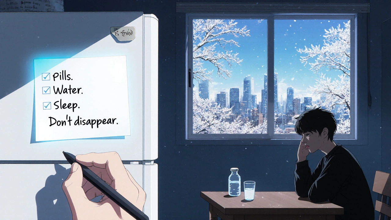 Sticky note on fridge with simple health reminder, city changing seasons outside window.