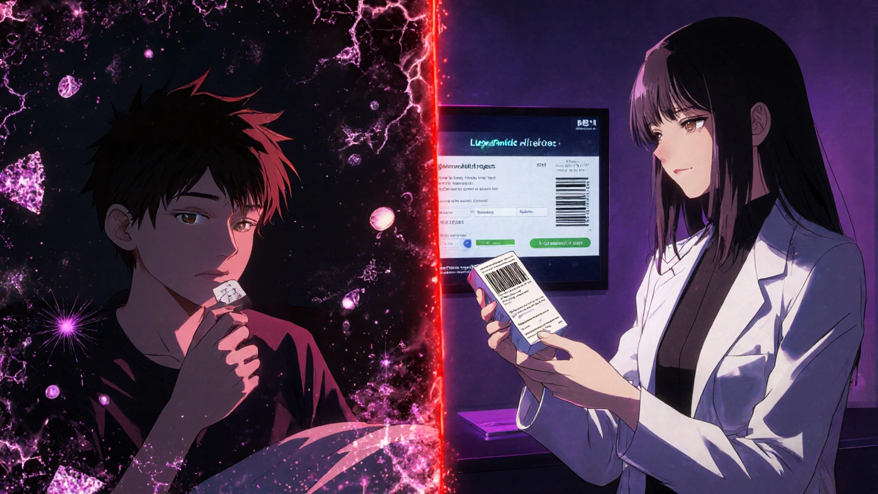 Teen abusing cough syrup on one side, pharmacist checking medication safety on the other.