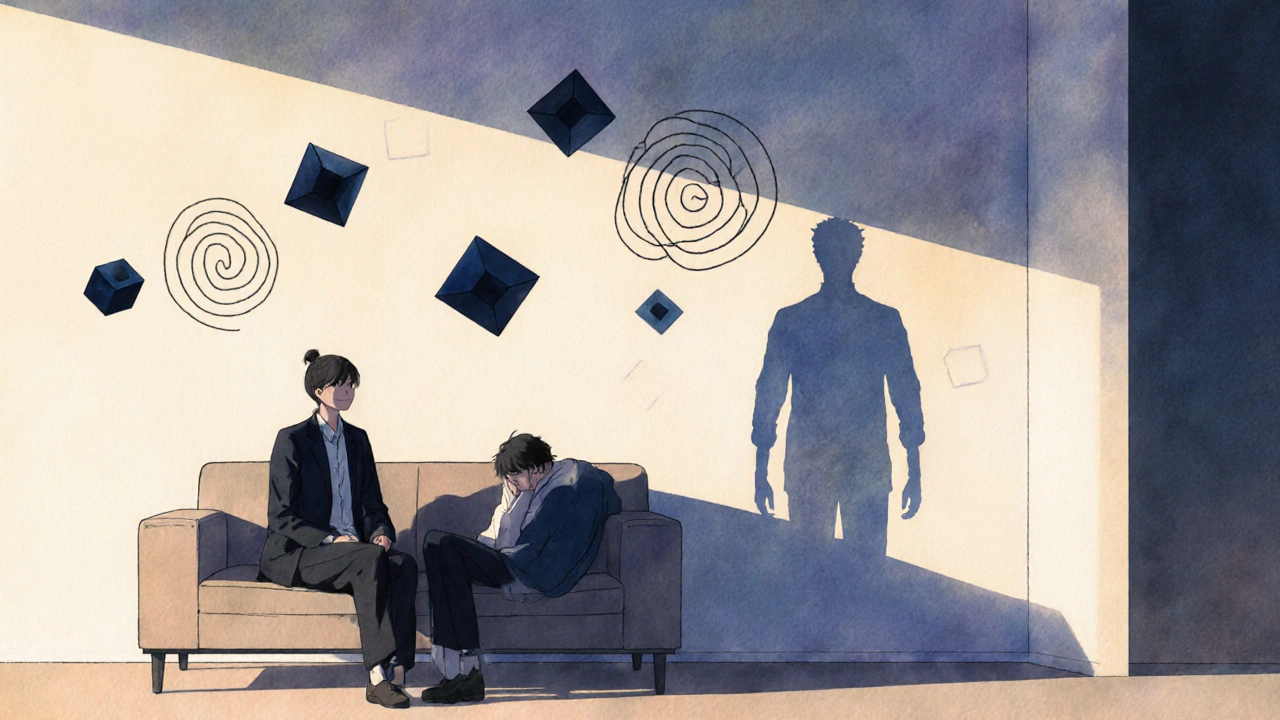 Therapist and patient sit side by side in soft light, abstract shapes symbolizing changing thought patterns around them.