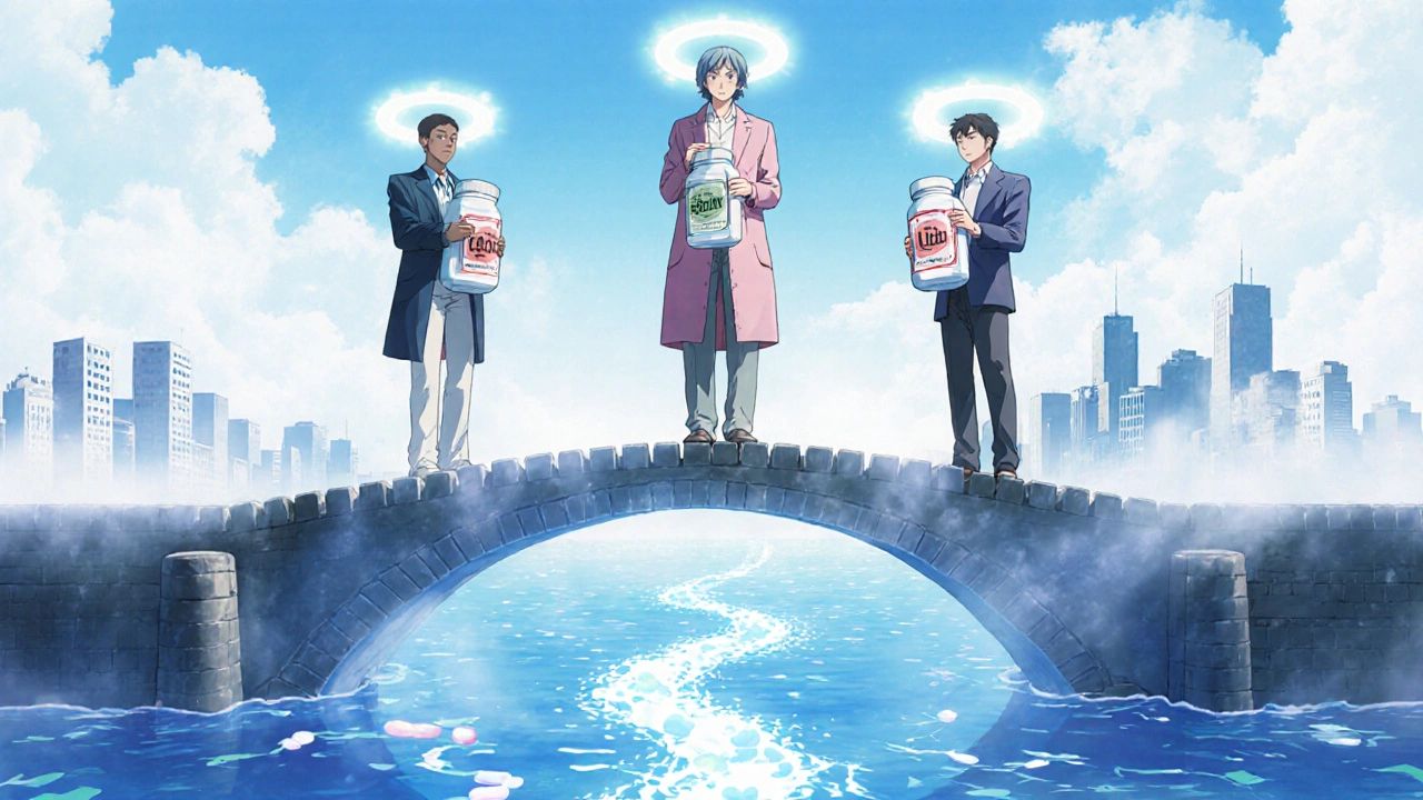 Three patients on a bridge of pill bottles, symbolizing alternative cholesterol treatments.