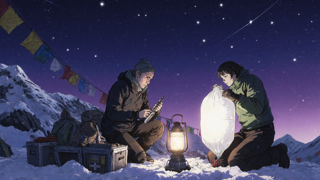 Trekkers care for a sick companion using a hyperbaric bag at a mountain camp at dusk.