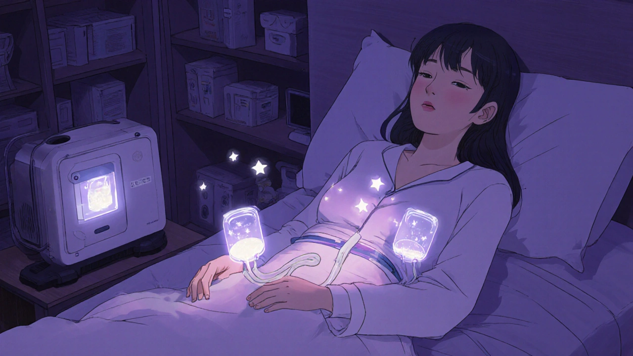 Woman sleeping peacefully with a peritoneal dialysis cycler beside her bed, soft purple lighting