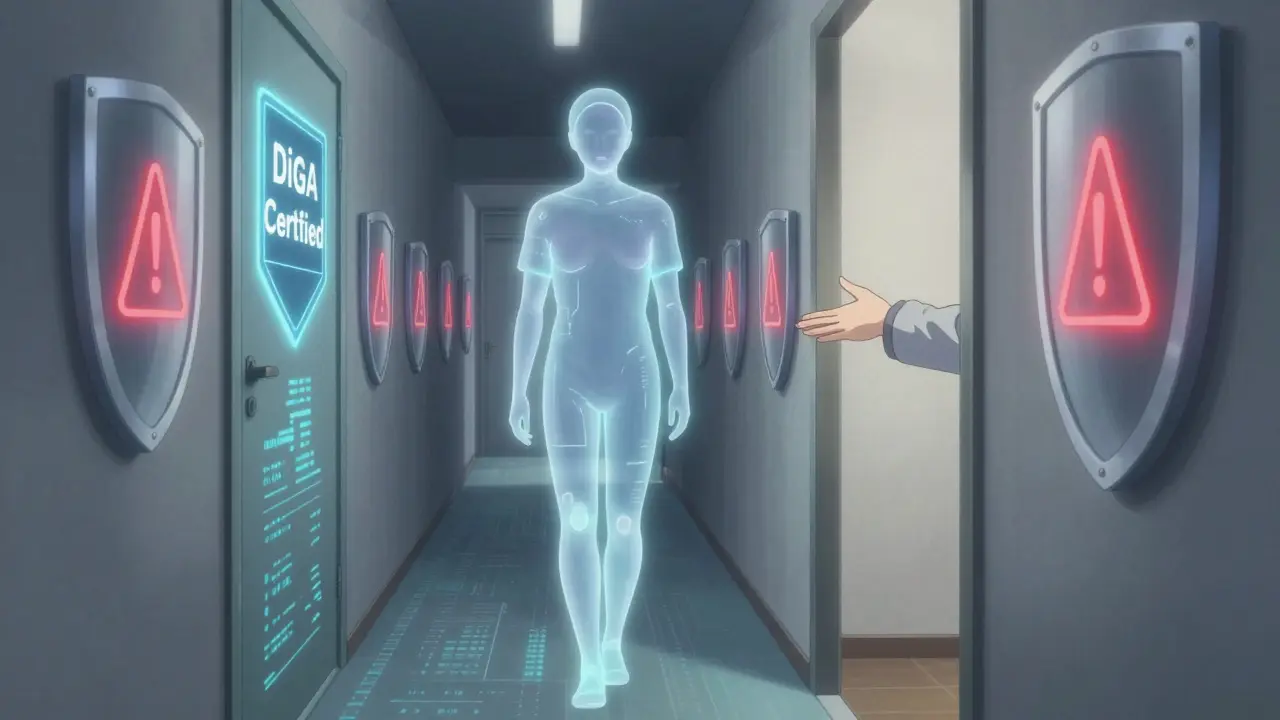 A digital figure walking through a corridor of privacy symbols, one door glowing safely as a therapist reaches out.