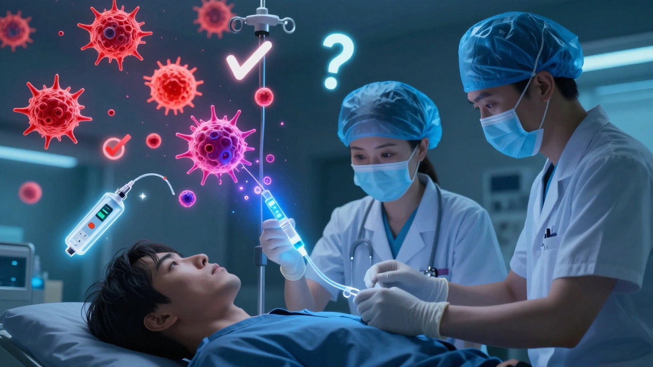 A medical team administering insulin desensitization as immune cells change from red to blue under glowing light.