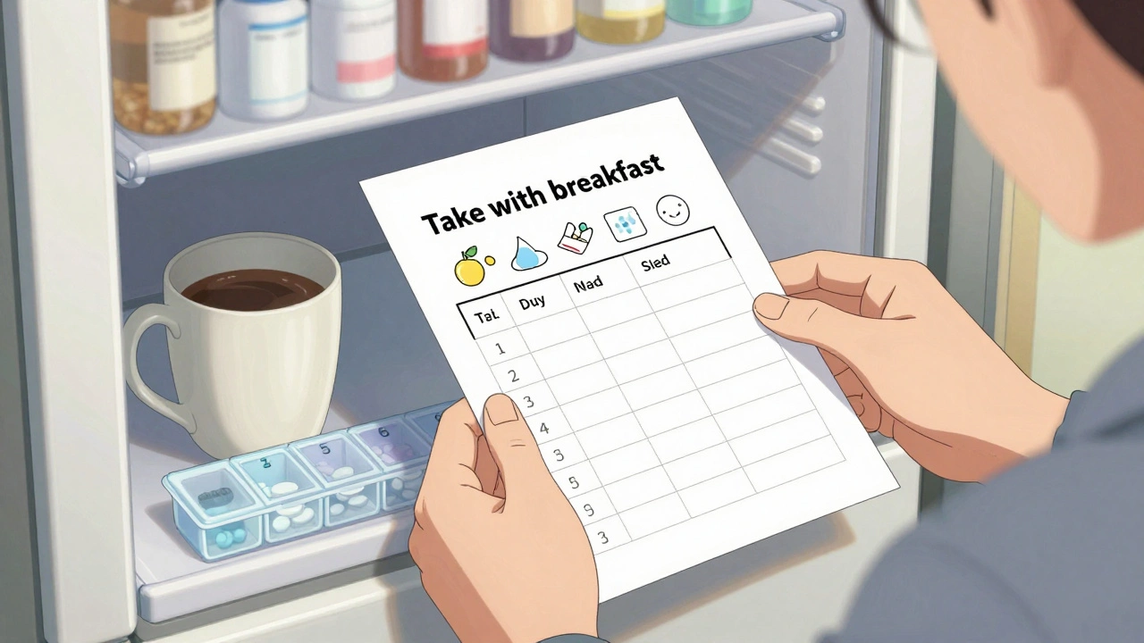 A medication chart with icons and plain language taped to a fridge beside a coffee mug.