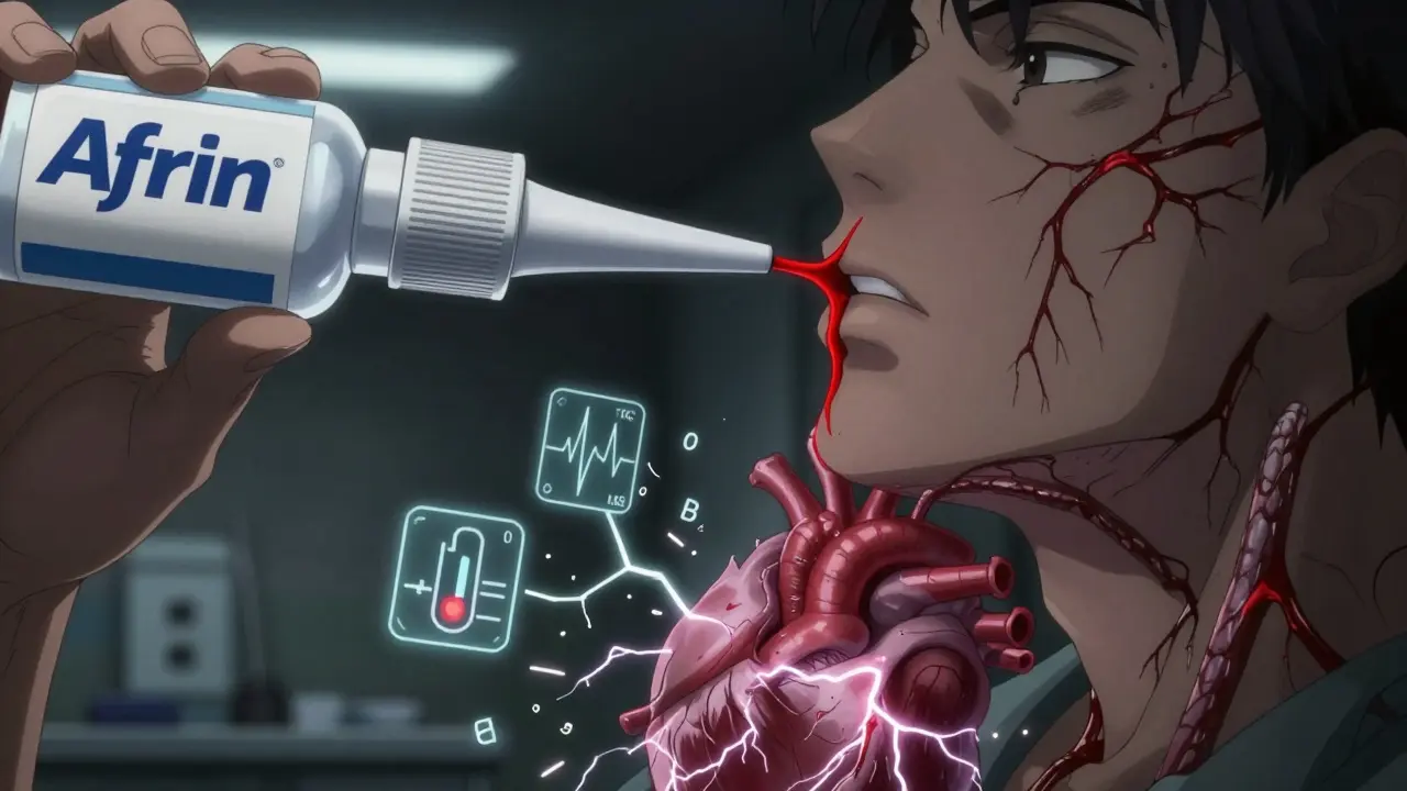 A nasal spray releases red veins that travel into a struggling heart, with medical icons breaking apart around it.