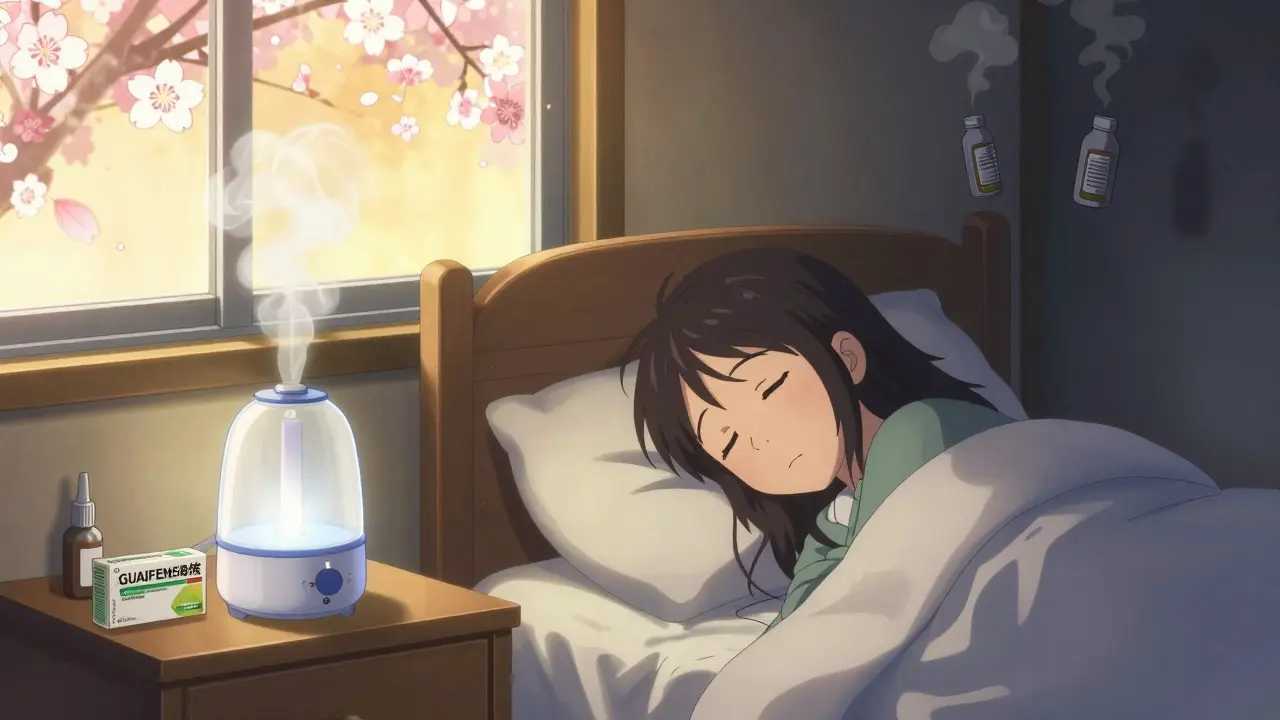 A peaceful bedroom scene with a humidifier and saline spray, symbolizing safe alternatives for heart patients.
