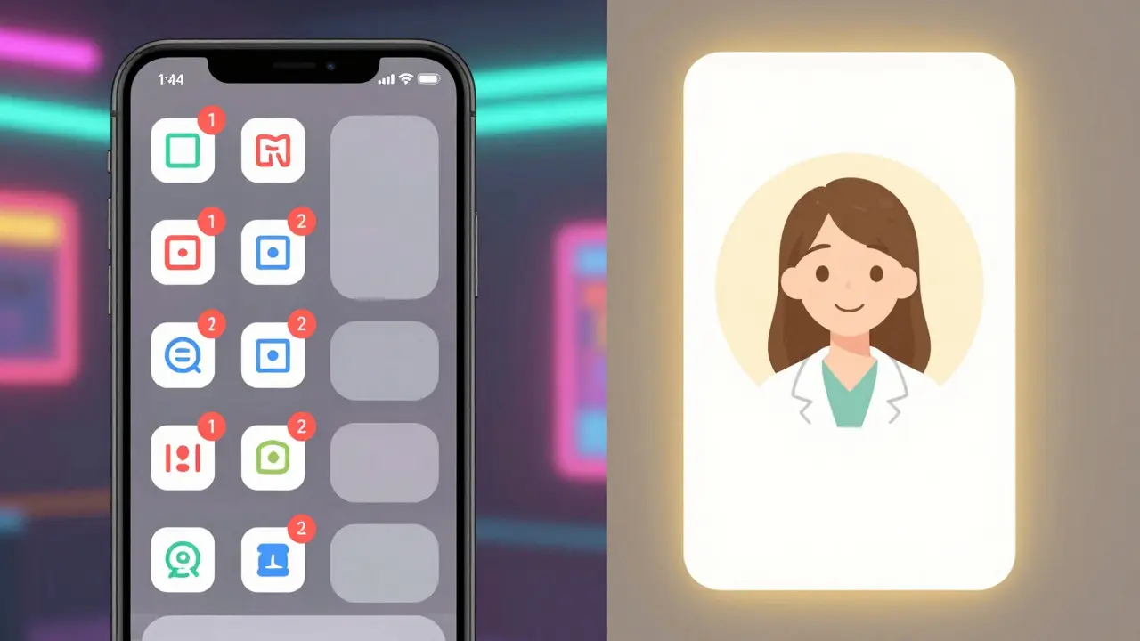 A phone screen split between chaotic app notifications and a peaceful, trusted therapy interface.