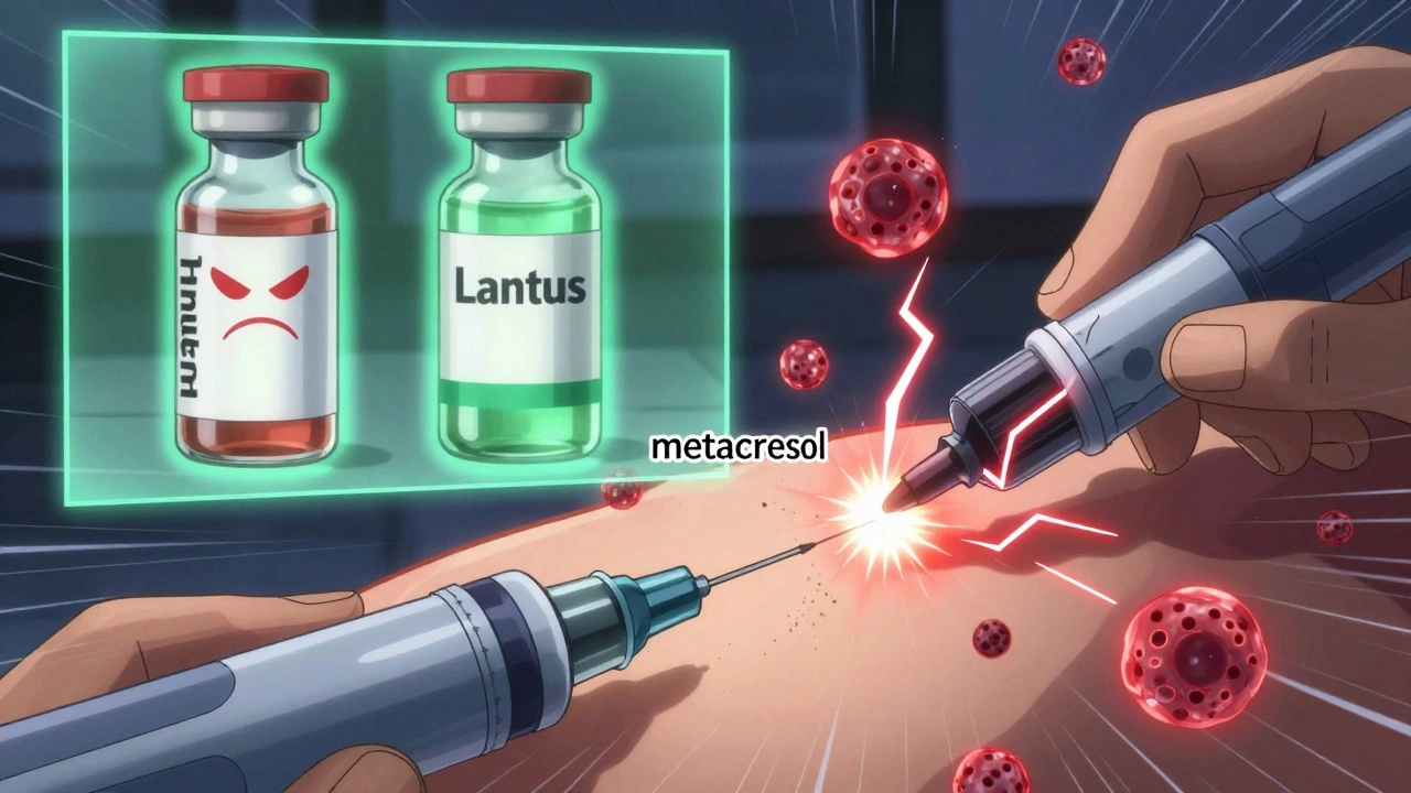 An insulin pen releasing particles that trigger a reaction, with two insulin vials contrasting in color-coded responses.