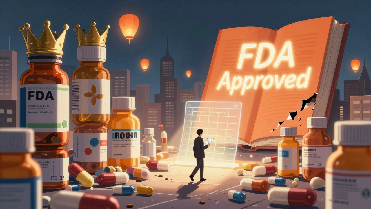 Cityscape of pill bottles where generic drugs rise as glowing lanterns, replacing crumbling branded towers under sunlight.