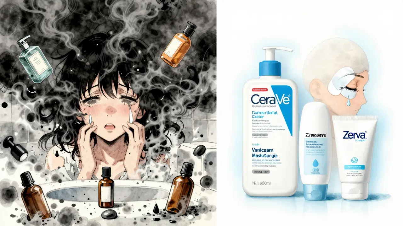Contrasting chaotic scented products vs. calm fragrance-free skincare routine.