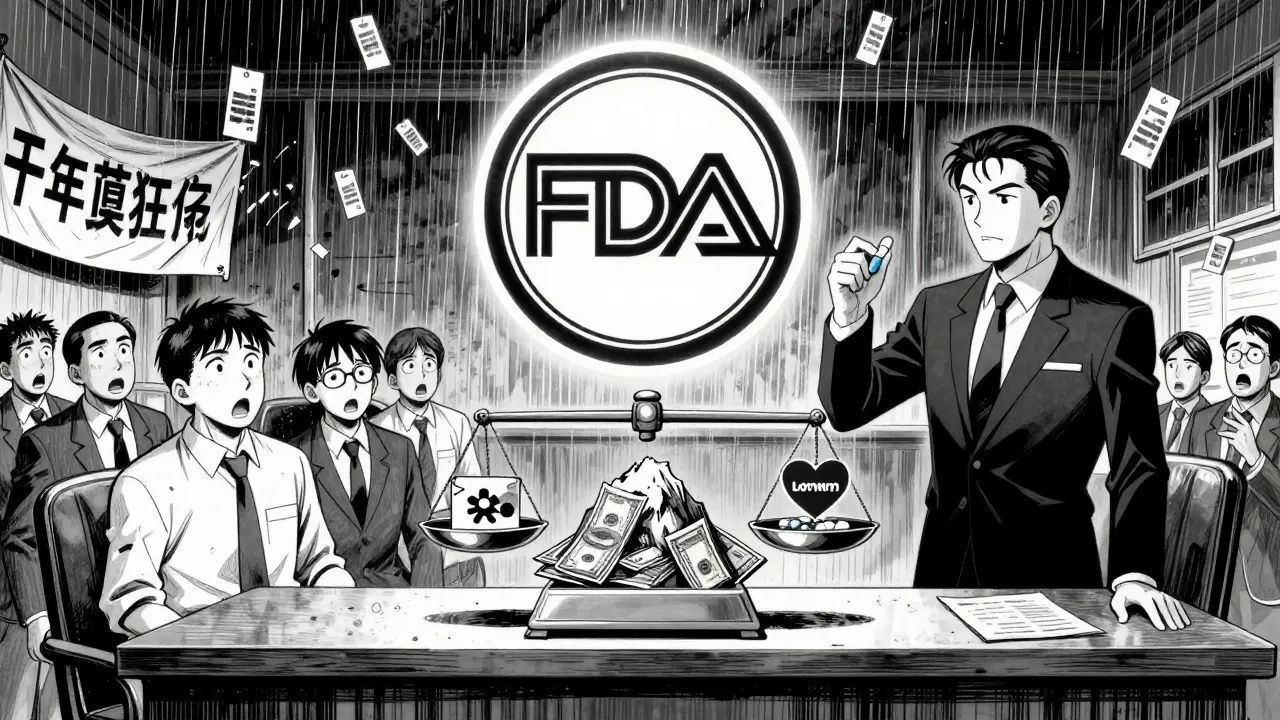 Courtroom scene with FDA seal above, brand company placing a generic pill on a scale against falling price tags.