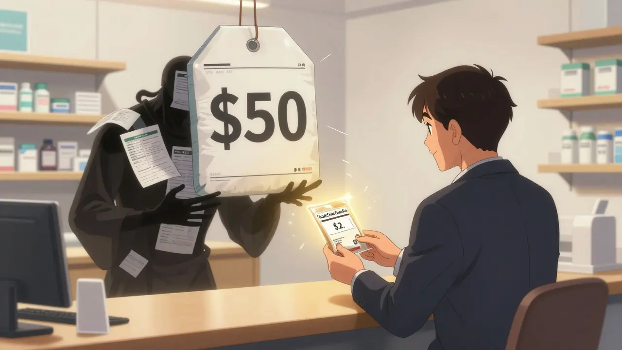 Customer receives a  generic drug at a clean pharmacy while shadowy insurance figures loom behind.