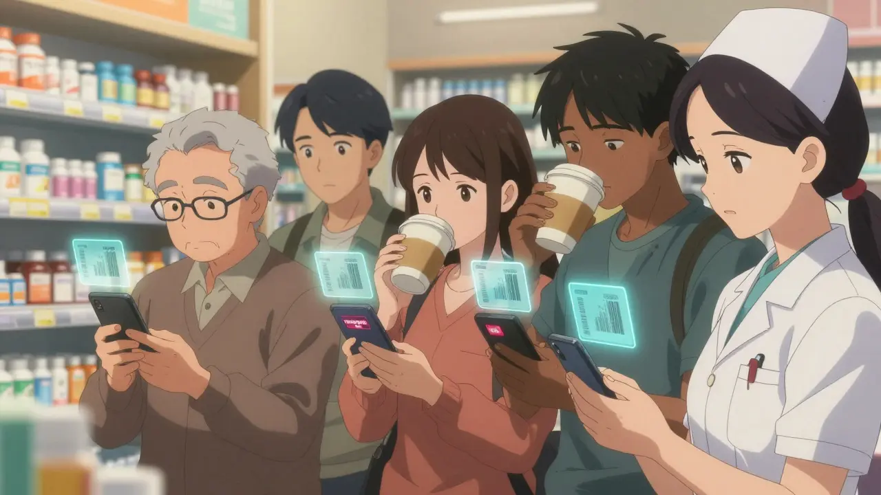 Diverse people scanning medication barcodes with holographic dosage warnings in a pharmacy.