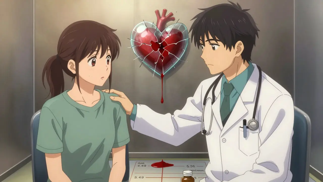 Doctor and patient in consultation, with a symbolic bleeding heart and vitamin E thresholds in the background.