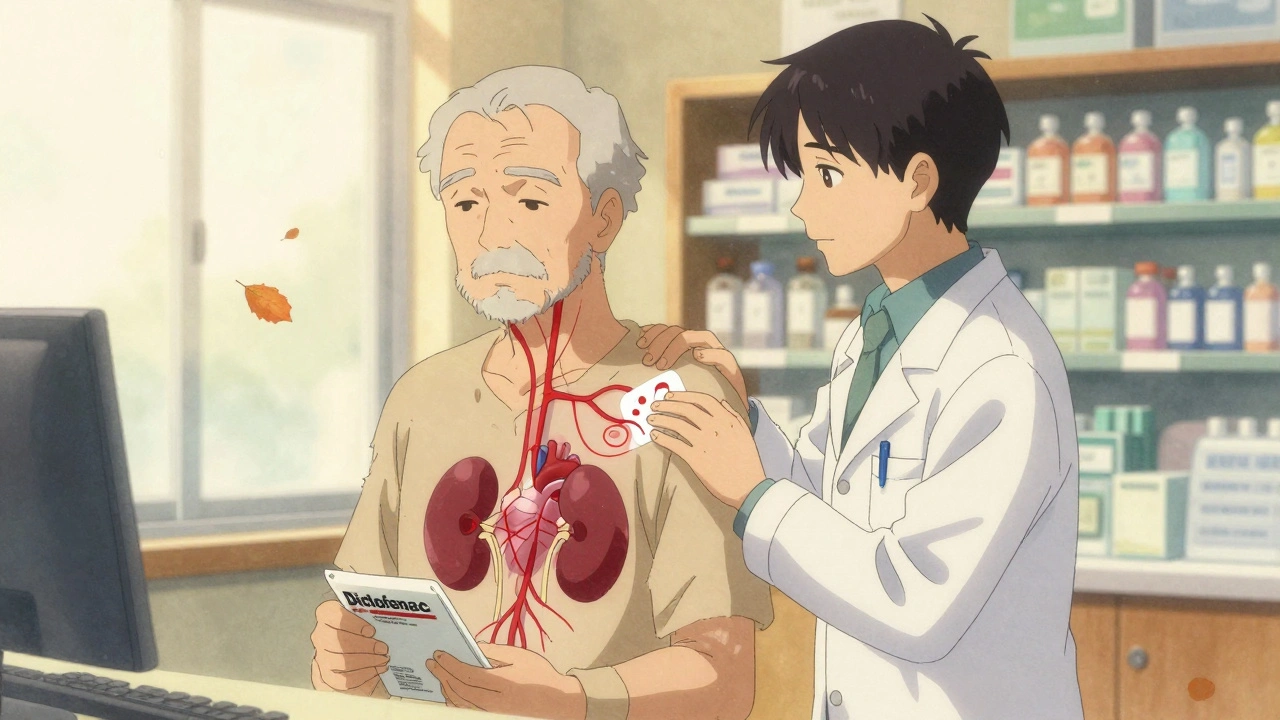 Elderly man and pharmacist discussing topical pain patch, with translucent warning lines over organs.