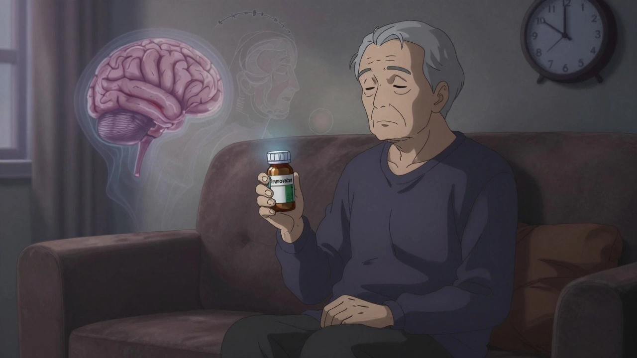 Elderly person sitting alone, ghostly images of stroke and clock hovering, medication bottle in hand.