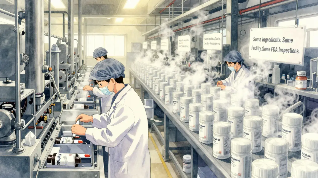 Factory assembly line producing identical capsules for branded and plain packaging under golden morning light.