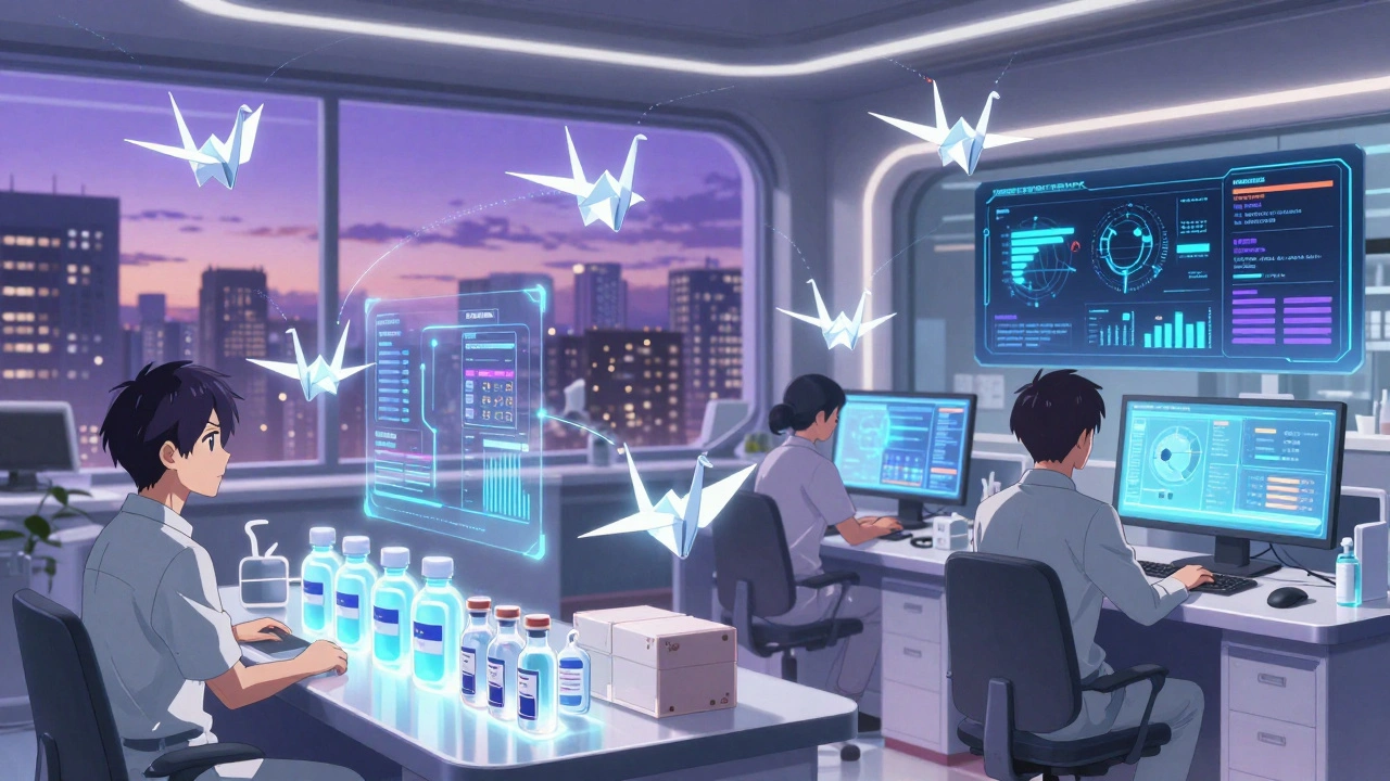 Futuristic pharmacy with floating digital sensors and blockchain data streams monitoring medication conditions.