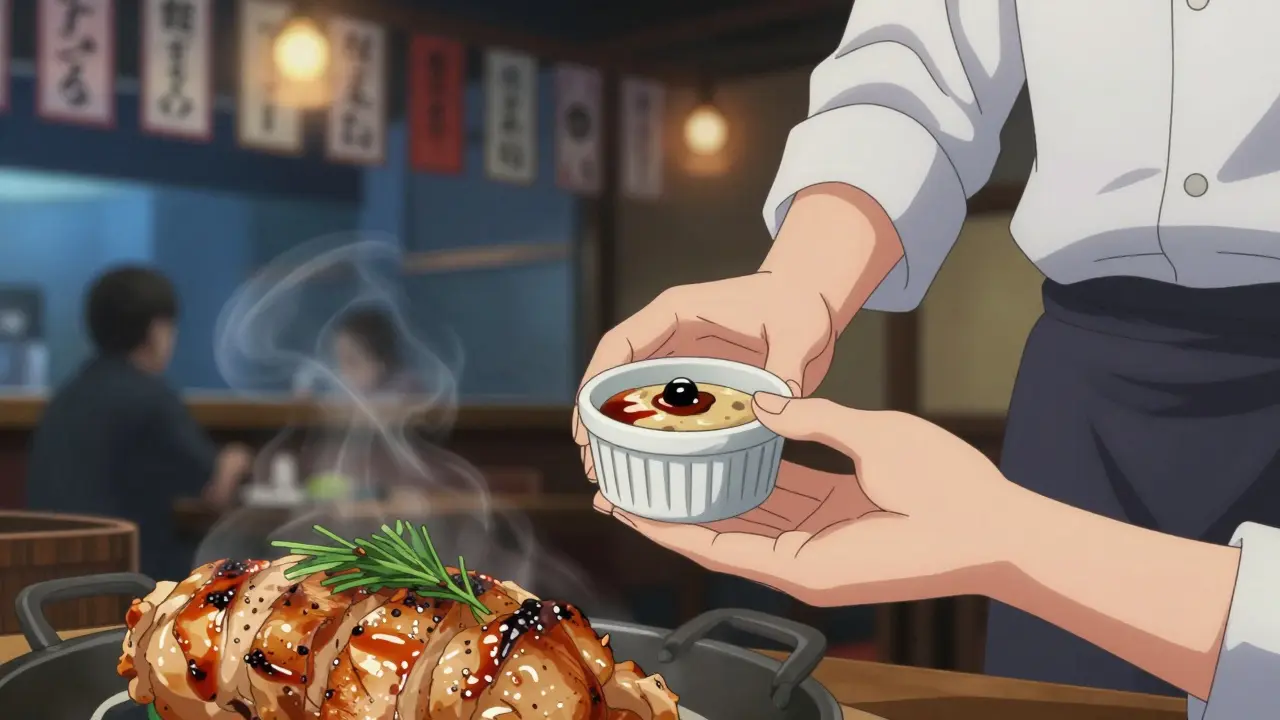 Hand receiving sauces on the side at a restaurant, with grilled chicken and herbs on the plate.