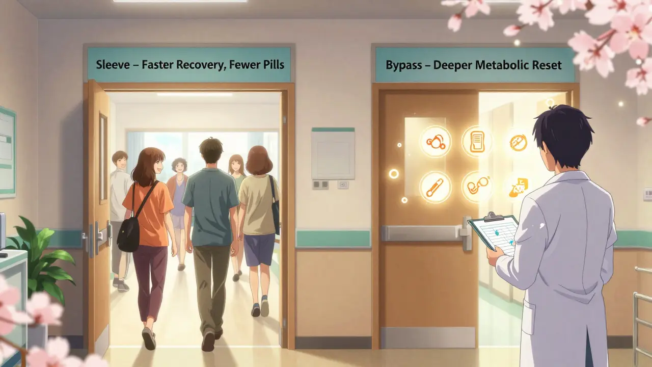 Hospital hallway with two symbolic doors representing sleeve and bypass recovery paths, patients walking toward each.