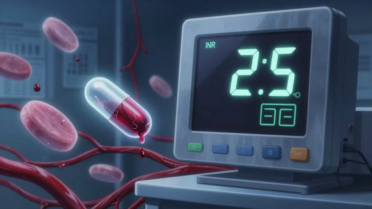 INR monitor showing normal reading while ghostly platelets leak blood in a medical setting.