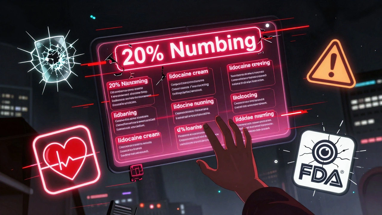 Online marketplace with illegal high-dose lidocaine creams and warning icons floating around a child&#039;s hand.