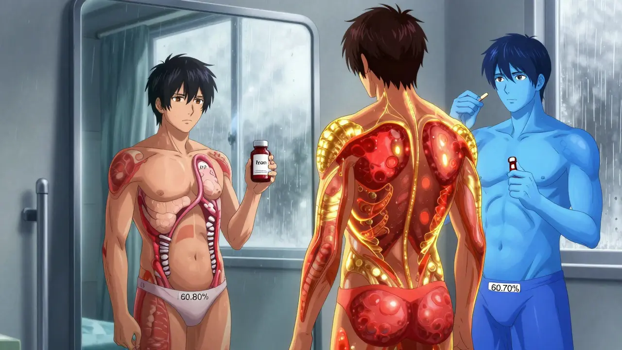 Patient facing mirror showing two glowing body versions representing different weight loss outcomes after bariatric surgery.