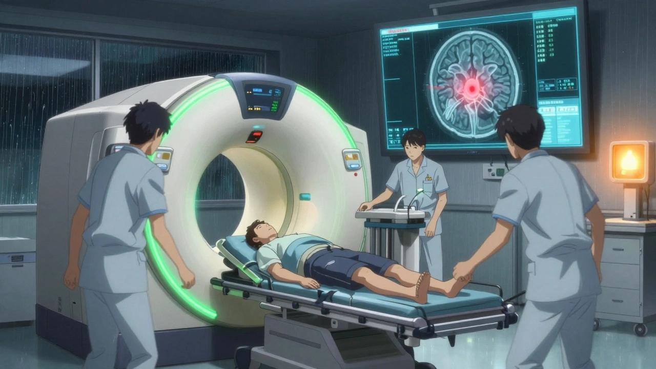 Patient in ER undergoing head CT scan, glowing green rings around skull, medical staff nearby.