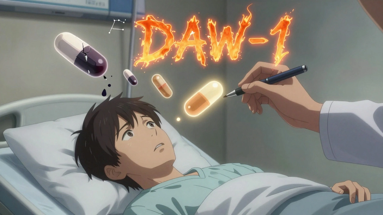 Patient in hospital bed with glowing brand and cracked generic pills floating above them.